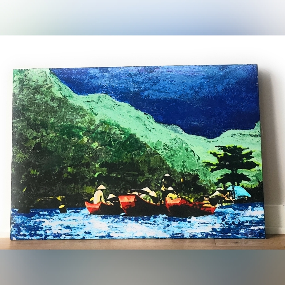 Original Ingrid Dion Painting Of An Asian Coastal Scene. 24 X 36 Inches
